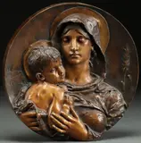 Alfred-Désiré Lanson, The Madonna and Child -, A relief bronze plaque with dark and light brown patina (tondo)