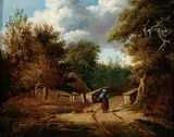 Edmund Thornton Crawford, Morning Bridge Crossing with Goods, Oil on wood panel