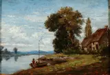 Continental School, Fisherman by Lakeshore, Oil on panel