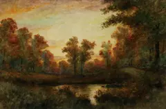 George H. Flavelle, Autumn Landscape at Dusk, Watercolor and gouache on paper