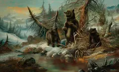 Gerhard Bluhm, Bears in a Snowy Alpine Landscape, Oil on canvas
