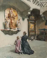 Hans Tichy, A Mother and Daughter Before a Marian Shrine -, Watercolor