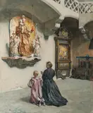 Hans Tichy, A Mother and Daughter Before a Marian Shrine -, Watercolor