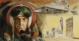 Roy Andersen, U.S. Airforce Test Pilot with Ryan X13 Vertical Takeoff Jet in Background -, Watercolor and gouache on paper