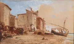 Charles Louis Mozin, Fishing Village, Watercolor heightened with gouache on paper