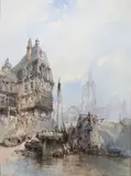 Paul Marny, Harbor View, Low Tide - probably Antwerp, Watercolor and gum arabic heightened with gouache