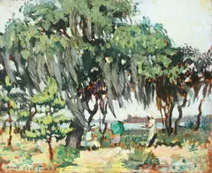 Anne Goldthwaite, Outdoor Southern Scene with Spanish Moss Covered Trees, Oil on board