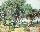 Anne Goldthwaite, Outdoor Southern Scene with Spanish Moss Covered Trees, Oil on board