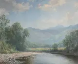 George Parker, Impressionistic Mountain Meadow Landscape with Stream -, Oil on canvas