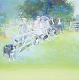 Herman Raymond, Spectators at a Sheep Herding Demonstration, Oil on canvas, the grass and foreground rendered in text