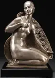 Joe Decomps, Nude Fan Dancer -, Bronze with silver patina