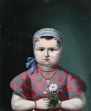 A Folk Art Portrait of Young Girl in Plaid - by American School, Oil on canvas, sold Jun 2017