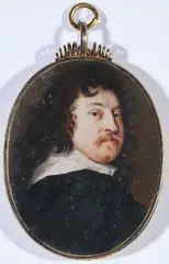 Samuel Cooper, Portrait of a Gentleman, possibly James Stanley, 7th Earl of Derby (1607-1651), Watercolor enclosed in a glazed brass case with twist suspension loop