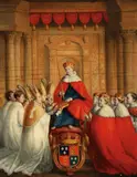 British School, A Young Enthroned Regent Receivng a Bible Surrounded by His Court, Oil on canvas