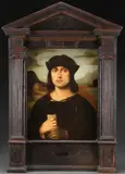 Fancessco Francia, Portrait of Evangelist Scappi, Oil on cradled wood panel in carved tabernacle frame