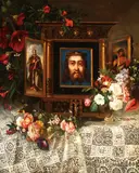 Emile Serda, A Still Life with Triptych and Flowers on Lace Tablecloth -, Oil on canvas