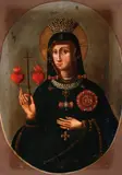 Spanish School, The Crowned Virgin Holding a Cross with Flaming Hearts and Wearing a Military Order -, Oil on canvas in feigned oval