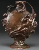 Jules Jouant, Art Nouveau Vase with Nude Amidst Poppies, Bronze with brown patina