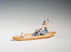 Stephan Dakon, Elegant lady in a boat with hat and Foxterrier