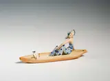 Stephan Dakon, Elegant lady in a boat with hat and Foxterrier