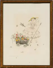 Mela Koehler, Flower girl, pencil and watercolour on paper, signed on the lower left "MELA KOEHLER WIEN"; framed