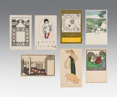 Josef Hoffmann, Seven postcards, colour lithographs on cardboard, Wiener Werkstätte postcards no. 12, 811, 86, 654, 67, 482 and 115; unframed