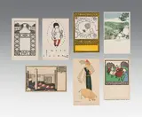 Josef Hoffmann, Seven postcards, colour lithographs on cardboard, Wiener Werkstätte postcards no. 12, 811, 86, 654, 67, 482 and 115; unframed
