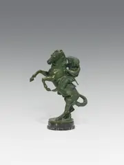 Native American on a horse "Indianer zu Pferd by Bruno Zach, bronze, patinated green; signed on top of the plinth "Pr. Zach."; marble base, offered Dec 2022