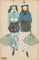 Mela Koehler, Two ladies with mistletoes, watercolour and India ink on cardboard, framed; signed on the lower left: "MELA/KOEHLER"