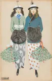 Mela Koehler, Two ladies with mistletoes, watercolour and India ink on cardboard, framed; signed on the lower left: "MELA/KOEHLER"
