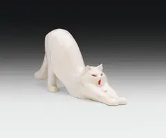 Eduard Klablena, Angora cat "Angorakatze, ceramics, light shard, glazed white and pink; marked on the bottom: "LANG/ENZERS/DORF"