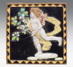 Bertold Löffler, Tile with angel "Fliese with Engel, ceramics on plaster, red-brown shard, colourfully painted and glazed; professionally restored fracture