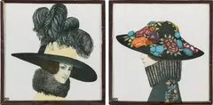 Mela Koehler, Pair of fashion illustrations, lithograph on cardboard; monogrammed on the lower left "MK"; adhesive label on the reverse "WIENER/WERK/STÄTTE"