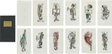 Camilla Birke, Portfolio with puppet designs, linoleum cuts on laid paper, hand-painted; labelled portfolio of black and gold paper "10 Marionetten Camilla Birke"