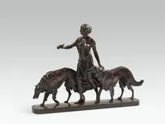 Arthur Bock, Diana with greyhounds, bronze, dark patinated; signed and inscribed on the base: "A. BOCK fec.", "DÜSSELDORF-BRONCEGIESSEREI/G-M-B-H-"