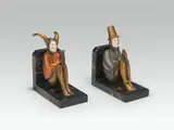 Roland Paris, Pair of figurale bookends "Eulenspiegel and Man, bronze, patinated; ivor; marble