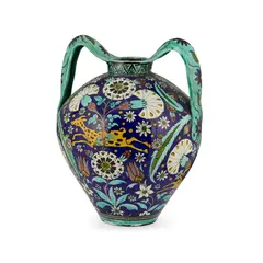 FAIENCE TWIN-HANDLED VASE, 1881 by Torquato Castellani, 1881, glazed and painted earthenware, sold Oct 2025