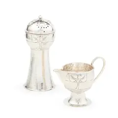 A. E. Jones, ARTS & CRAFTS SUGAR SIFTER AND CREAM JUG, CIRCA 1907, 1907, silver