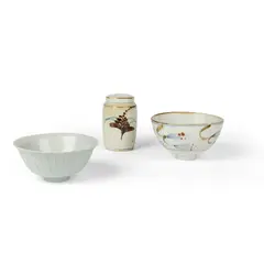 TWO FOOTED BOWLS AND JAR & COVER by David Leach, porcelain, sold May 2025