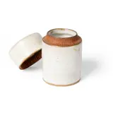 LIDDED JAR, c. 1965 by Lucie Rie, 1965, stoneware with white glaze and bands of red with sgraffito, sold May 2025