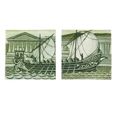 'MANNED GALLEY IN A CLASSICAL HARBOUR' TWO-TILE PANEL, CIRCA 1890 by William De Morgan, 1890, glazed earthenware, offered Apr 2025