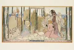 Jessie M. King, ‘HOW FOUR QUEENS FOUND SIR LANCELOT IN THE WOOD’, CIRCA 1910, 1910
