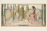 Jessie M. King, ‘HOW FOUR QUEENS FOUND SIR LANCELOT IN THE WOOD’, CIRCA 1910, 1910