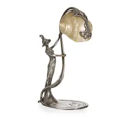 Moritz Hacker, JUGENDSTIL TABLE LAMP, CIRCA 1900, 1900, silvered pewter with shell shade