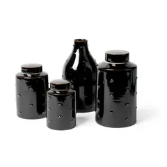 Chris Keenan, THREE CANISTERS & VASE, porcelain with tenmoku glaze