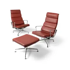 Charles Eames, PAIR OF SOFT PAD CHAIRS AND OTTOMAN, DESIGNED 1969, 1969, leather and chromed aluminium