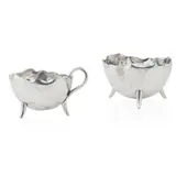 SUGAR BASIN AND CREAM JUG, 1884 by Christopher Dresser, 1884, silver, sold Oct 2024