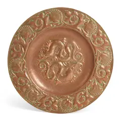 John Pearson, ARTS & CRAFTS CHARGER, 1893, 1893, repoussé-decorated copper