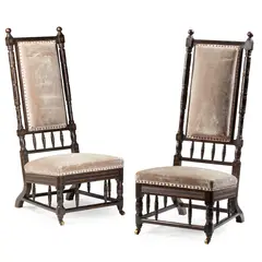 Daniel Cottier, PAIR OF AESTHETIC MOVEMENT DRAWING ROOM CHAIRS, CIRCA 1870, 1870, ebonised and painted beech