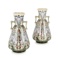 J.W. Mijnlieff, PAIR OF ART NOUVEAU TWIN-HANDLED VASES, CIRCA 1900, 1900, glazed earthenware